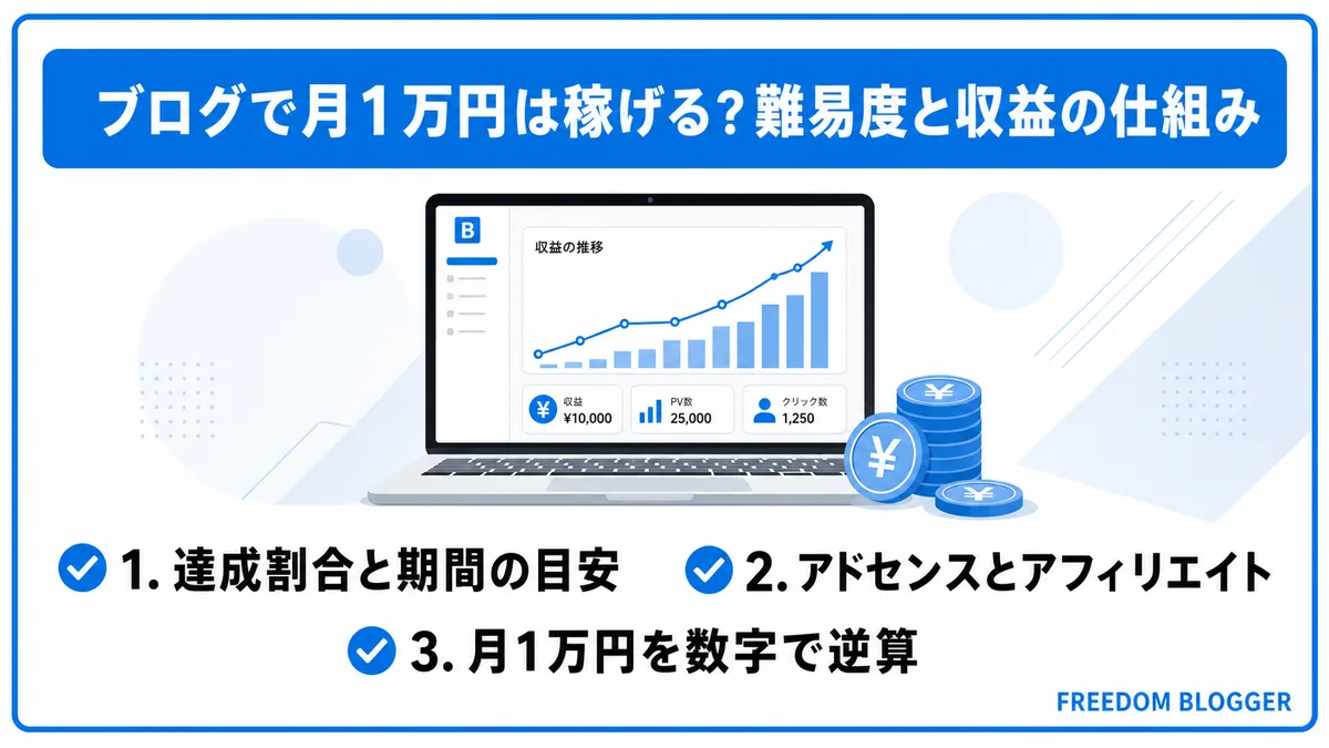 ブログ 月1万円の難易度と収益の仕組みを示す図解