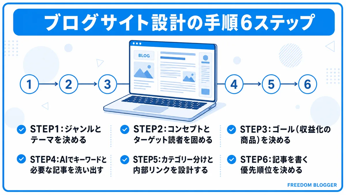 ブログサイト設計6ステップの流れを示すフロー図