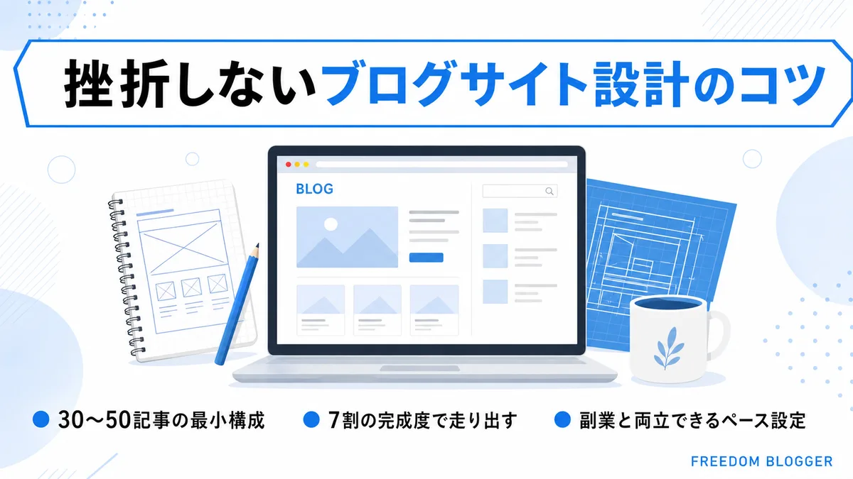挫折しないブログサイト設計のコツ3つを示す図
