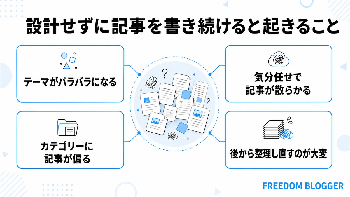 サイト設計をせずにブログを書き続けた場合に起きる問題を示す図