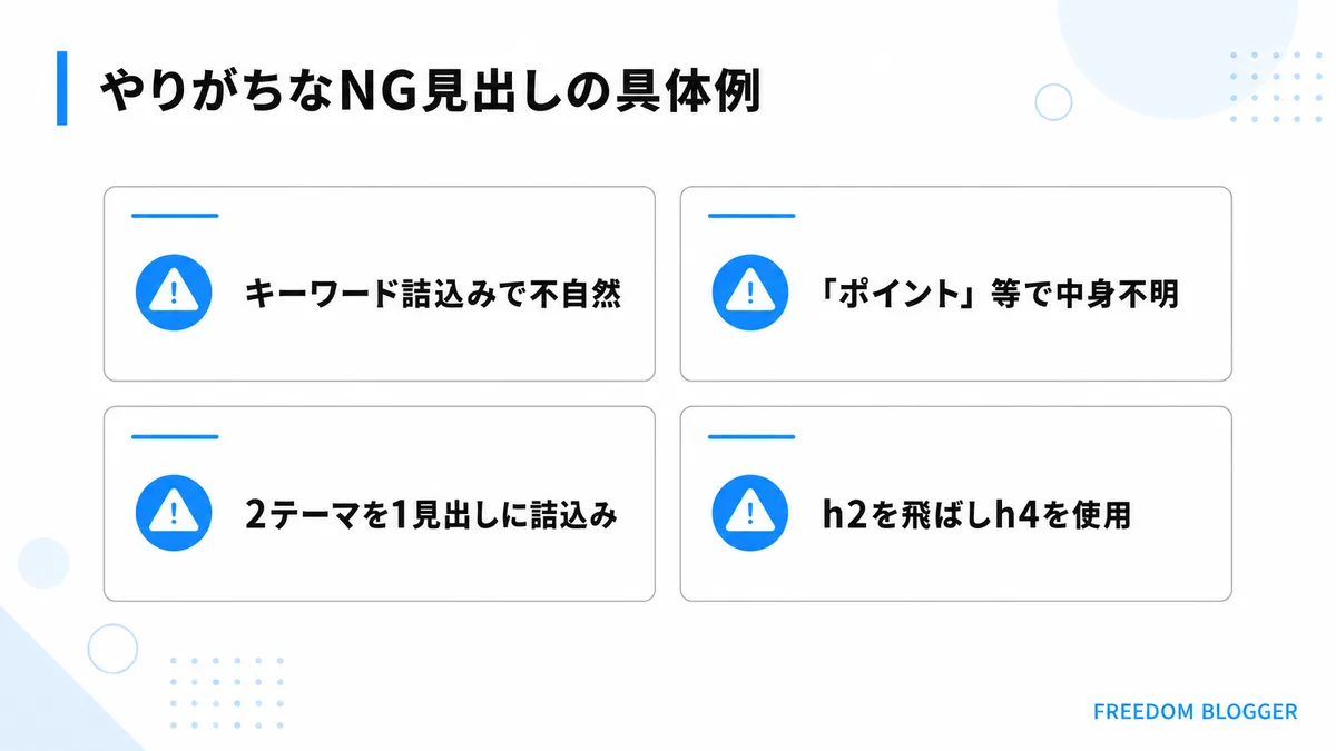 やりがちなNG見出しの具体例を示す図解