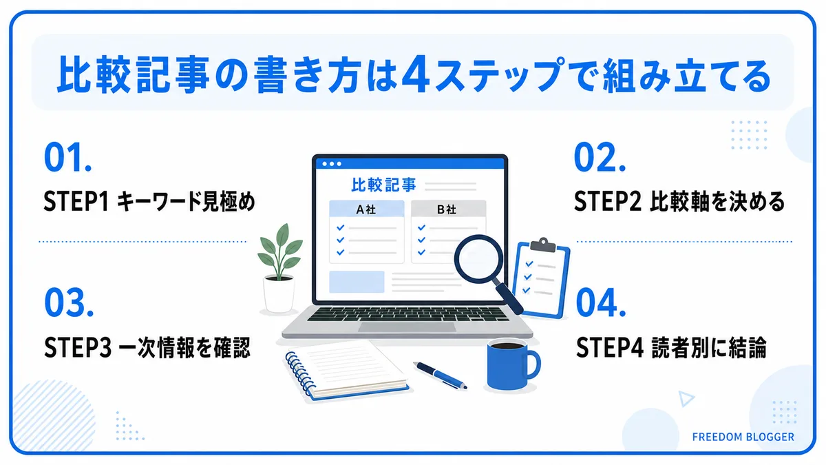 比較記事作成の4ステップ図解