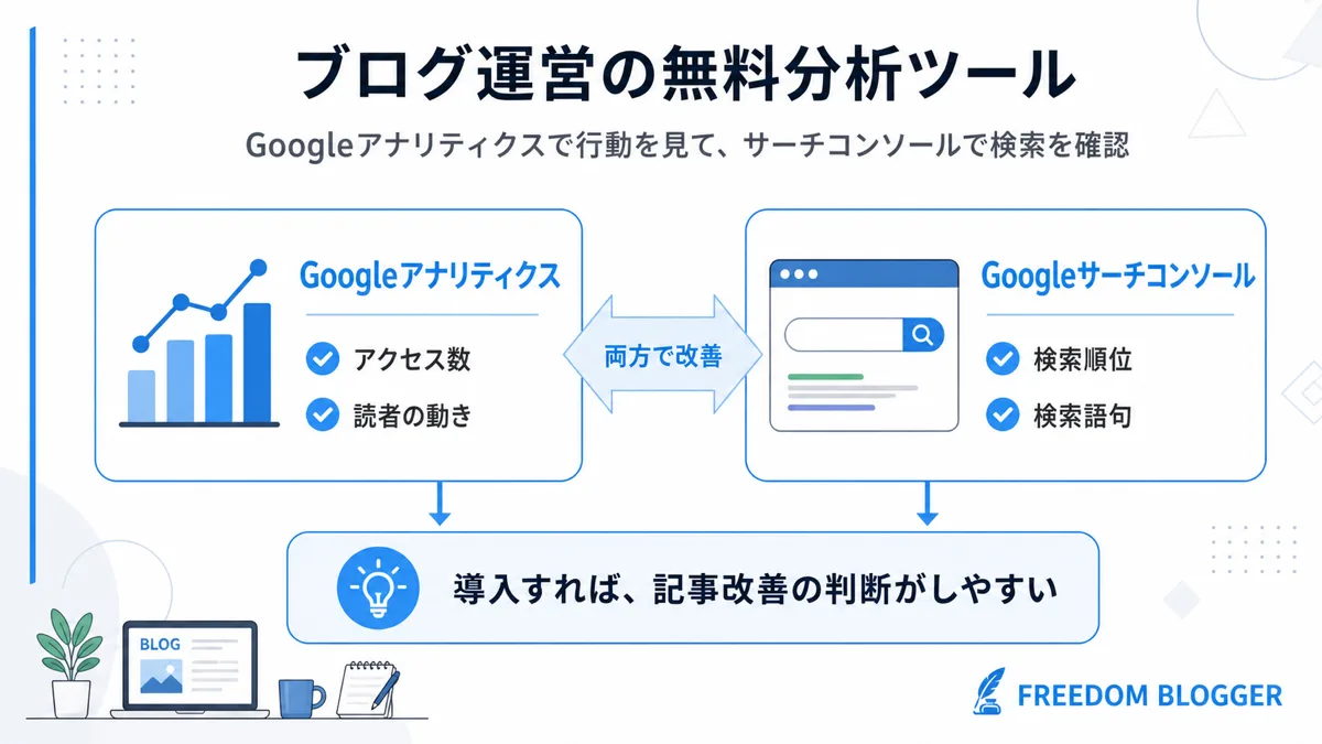 Googleアナリティクスとサーチコンソールの役割を示す図解