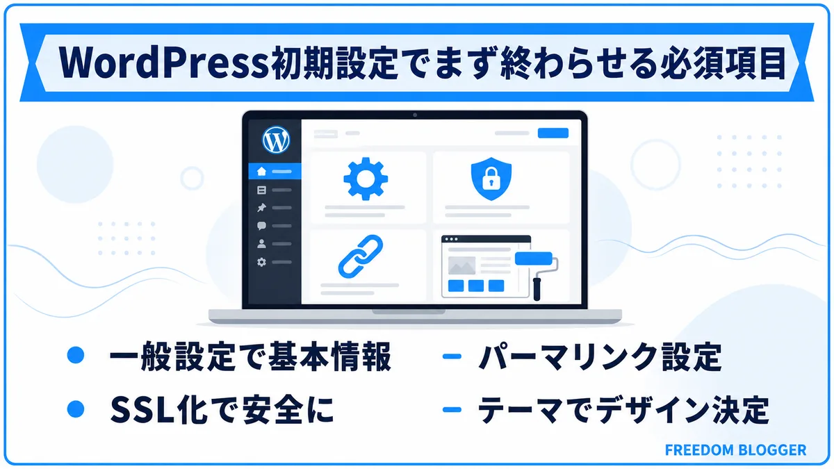 WordPress初期設定の必須項目4つを示す図解