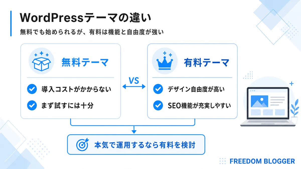 WordPressテーマの無料と有料の違いを示す図解