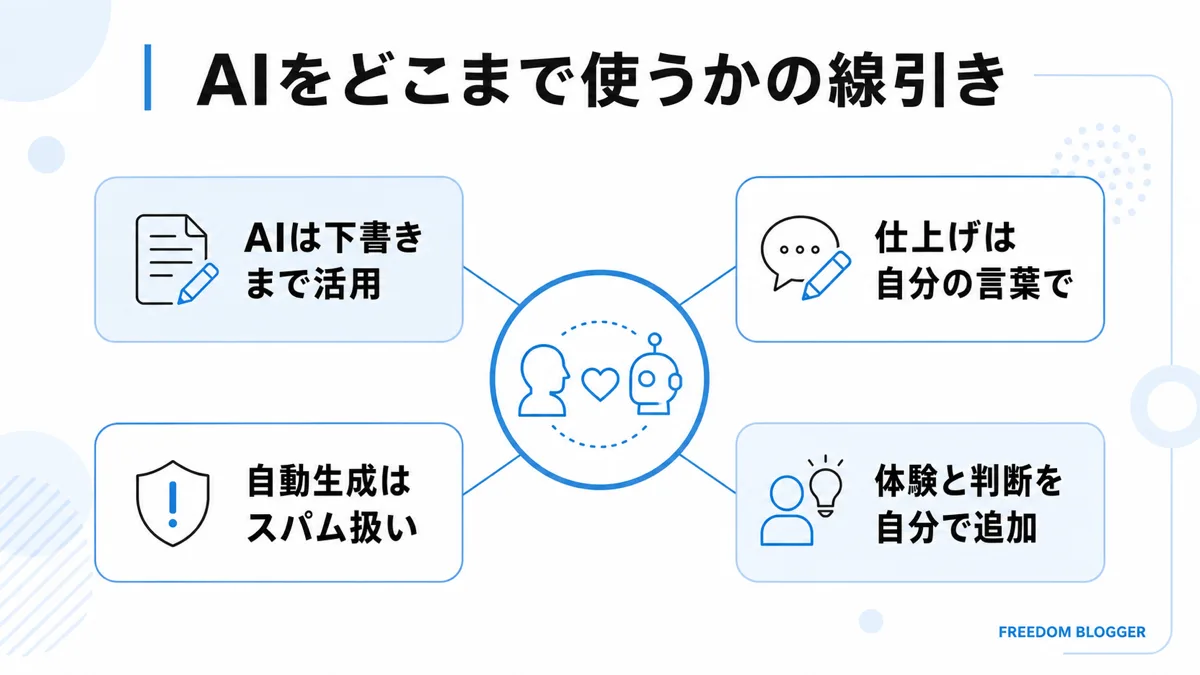 SEO対策におけるAI活用の線引きを示す図解