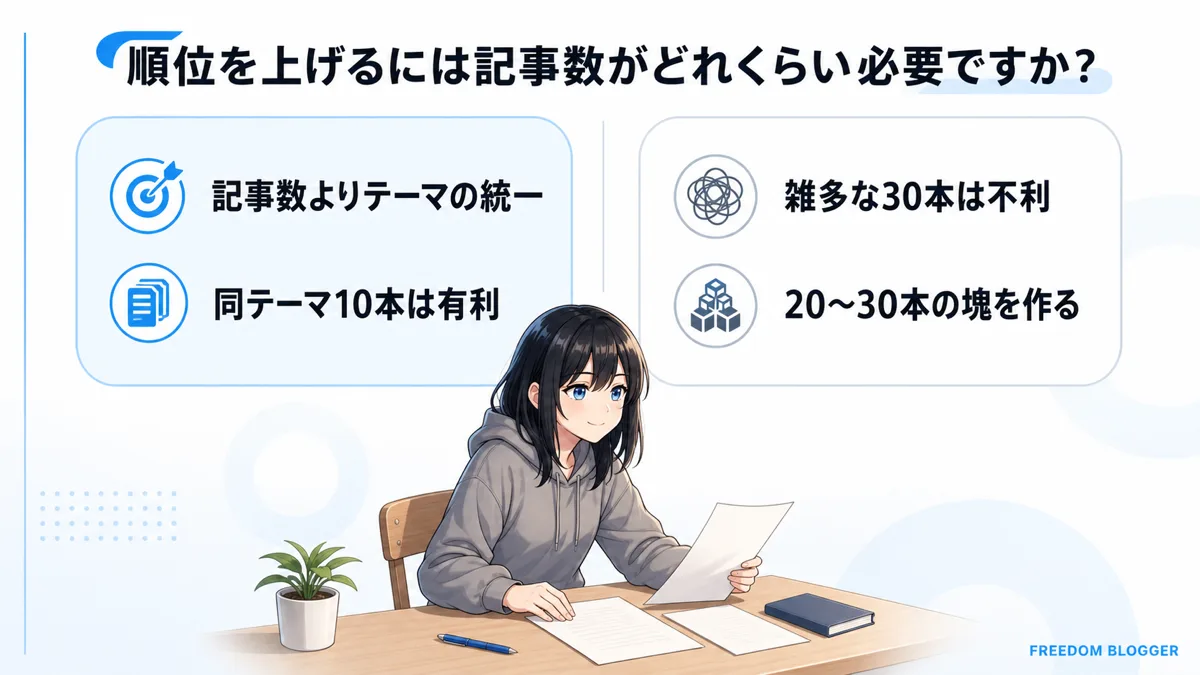 検索順位を上げるために必要な記事数とテーマのまとまりの比較