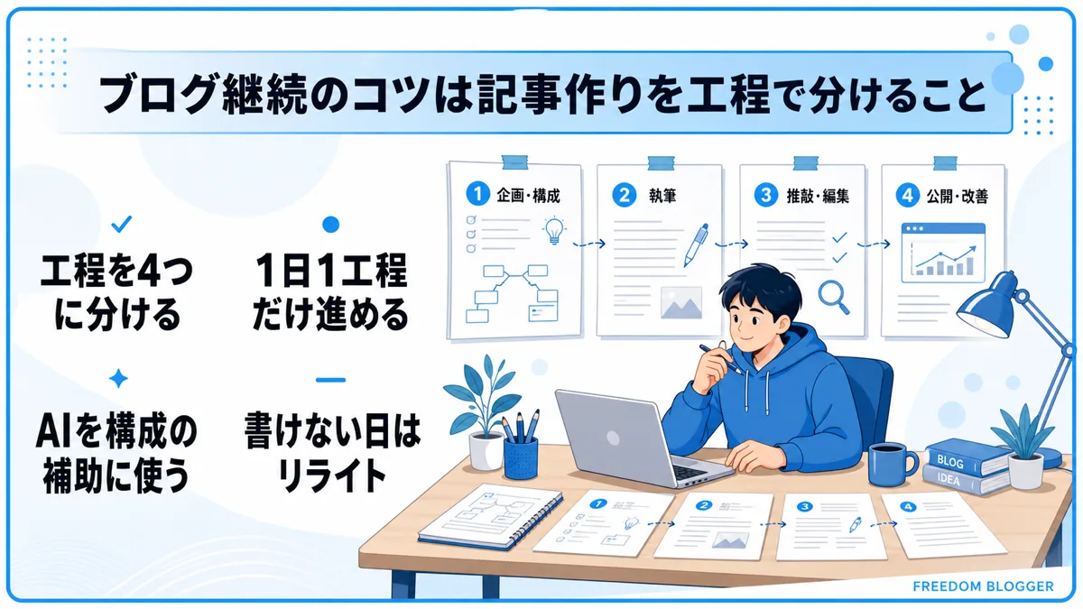ブログ継続のコツである工程分けの全体像を示す図解