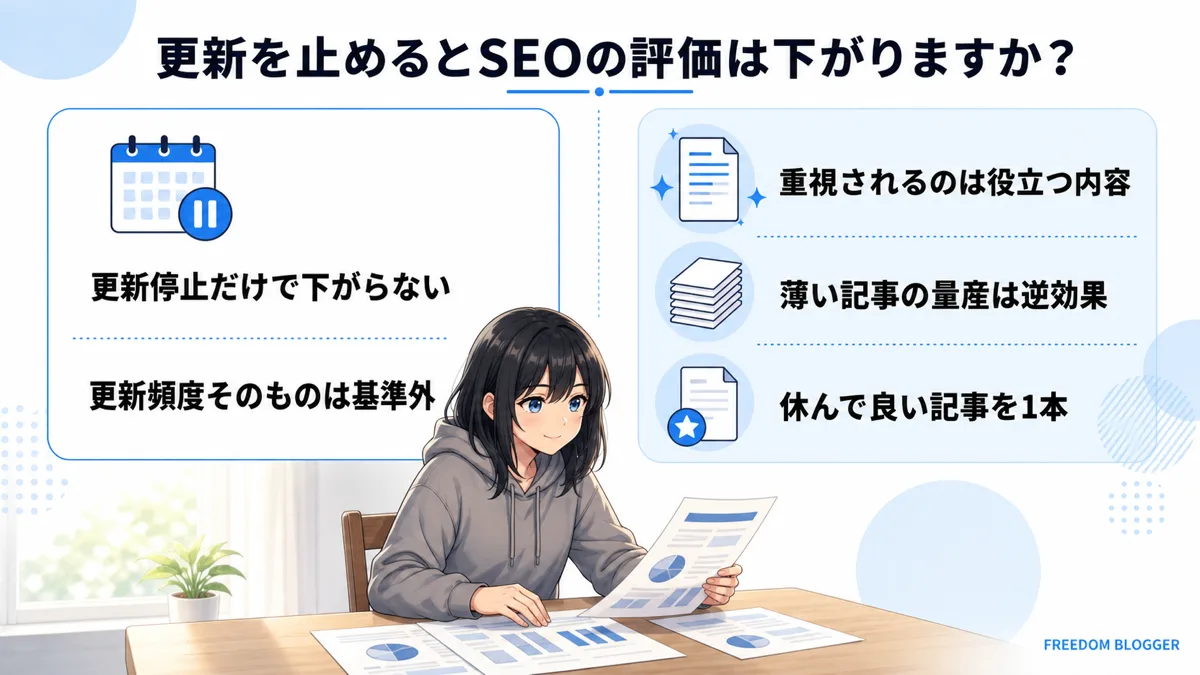 ブログの更新を止めるとSEO評価が下がるかを示した図解