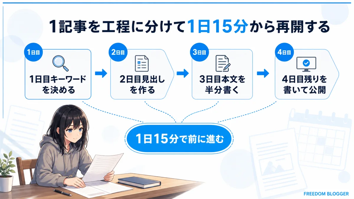 1記事を工程に分けて1日15分から再開する手順の図解