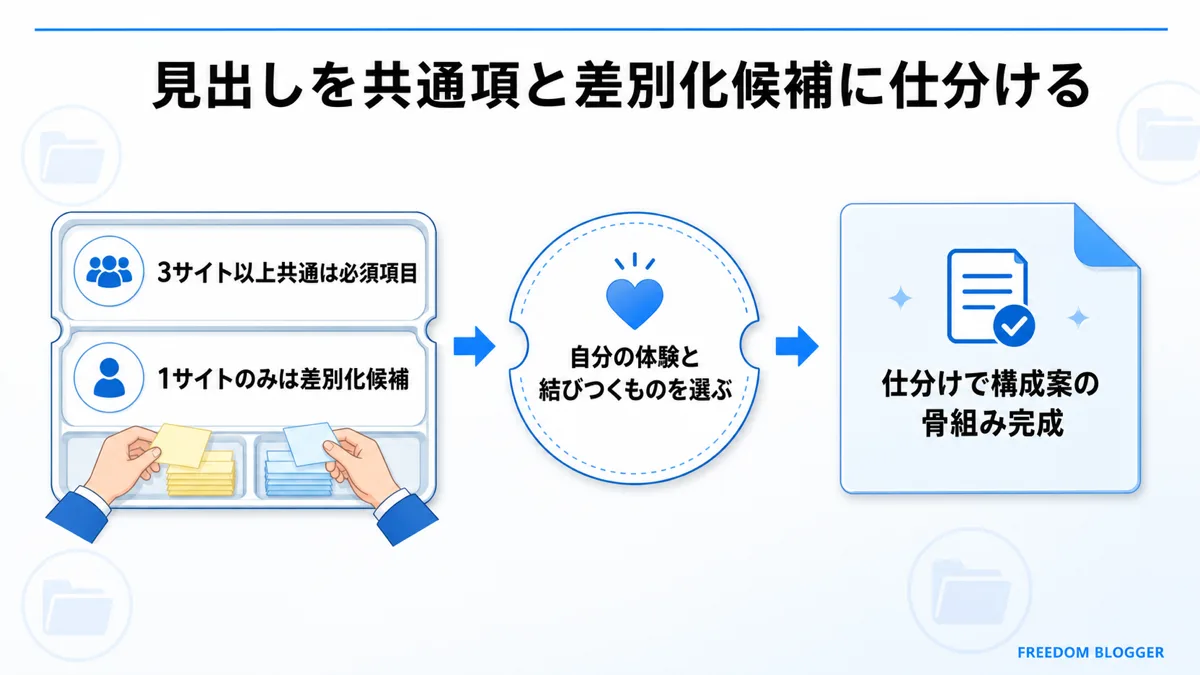 見出しを共通項と差別化候補に仕分ける図解
