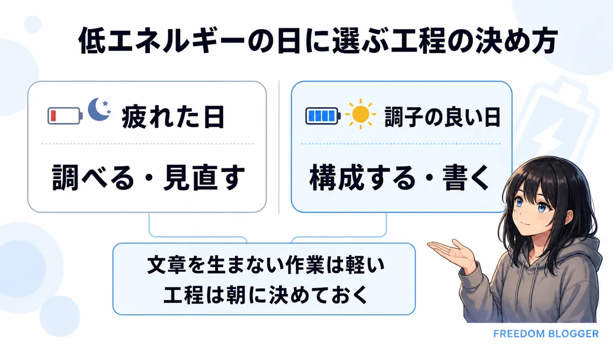 低エネルギーの日に選ぶブログ作業工程の図解