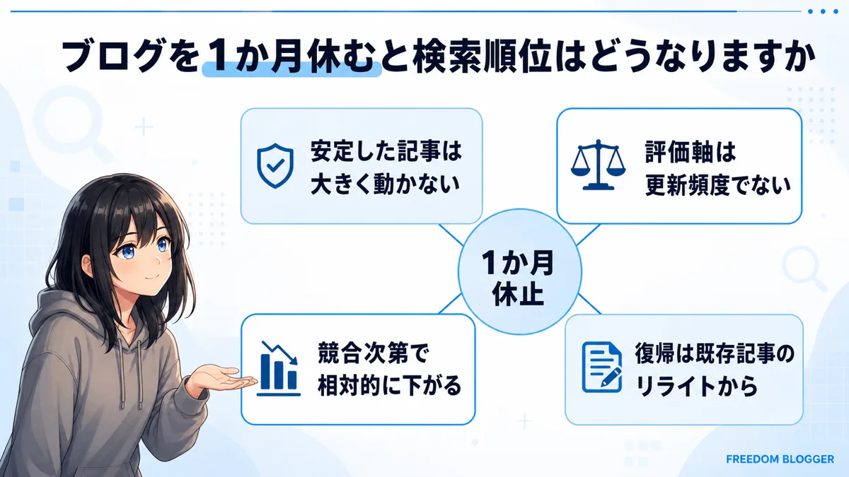 ブログを1か月休んだ場合の検索順位への影響を示す図解