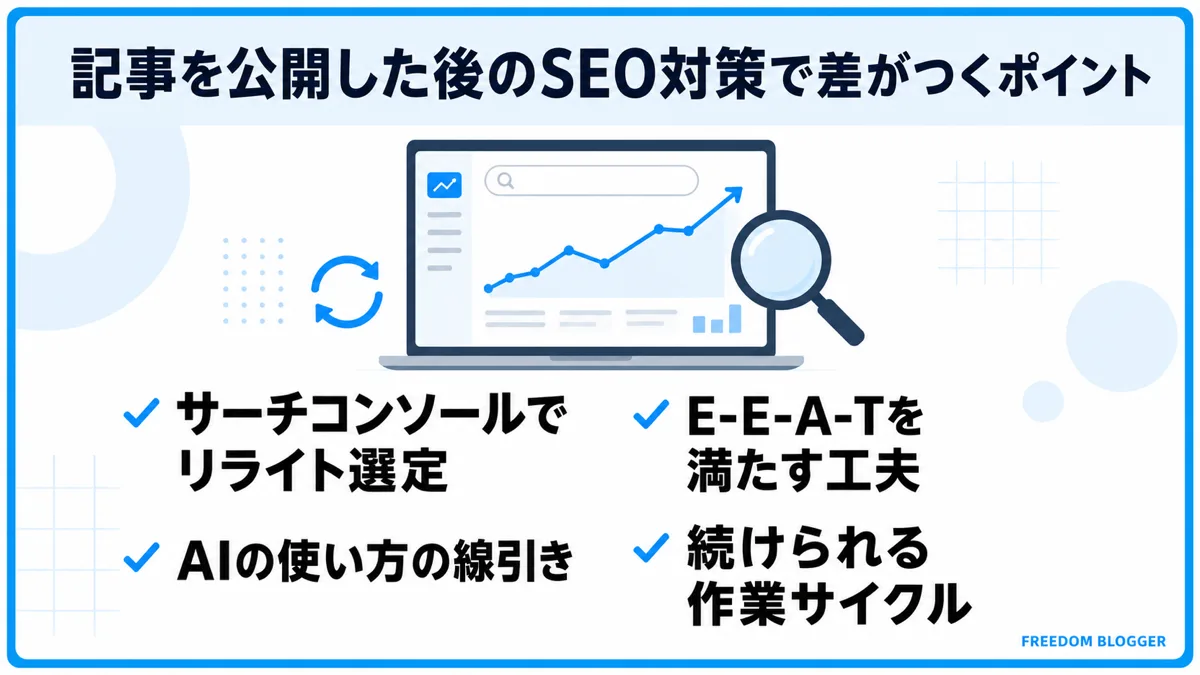 記事公開後に差がつくSEO対策のポイントを示す図解
