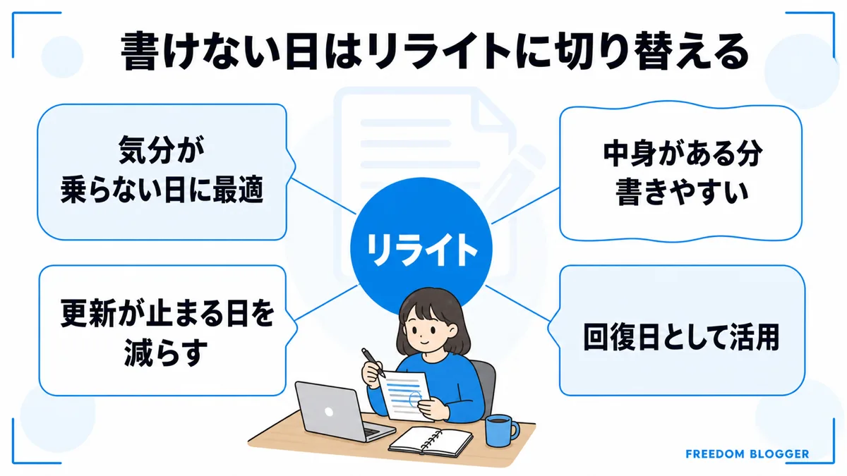 書けない日にリライトへ切り替えるブログ継続のコツの図解