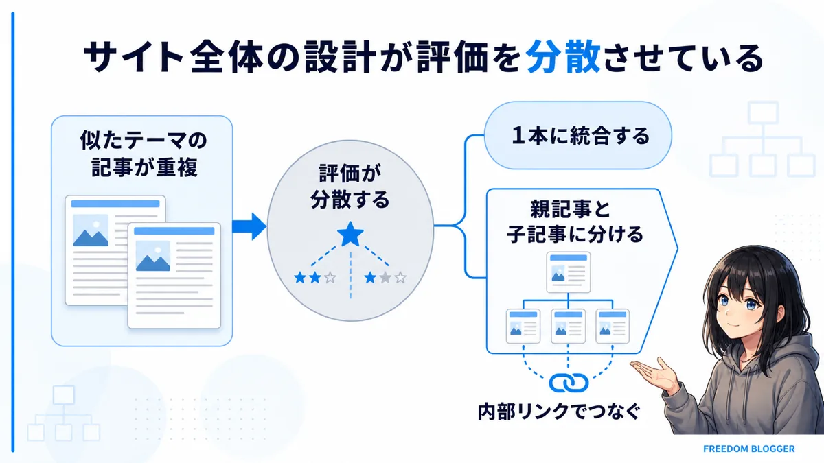 サイト全体の設計が検索評価を分散させる仕組みの図解