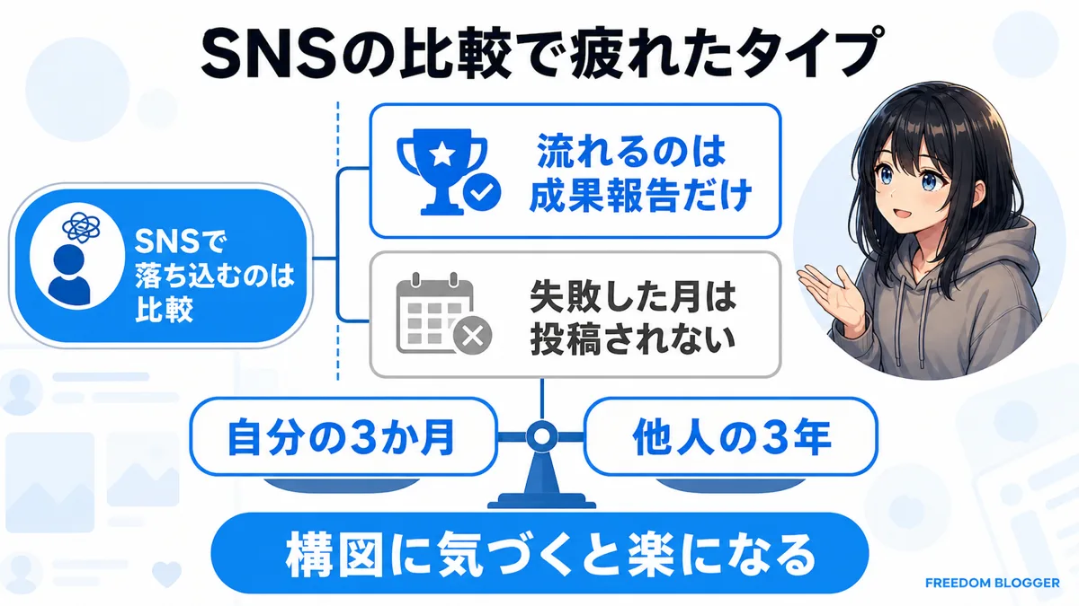 SNSの比較でブログに疲れるタイプの仕組みを示す図解