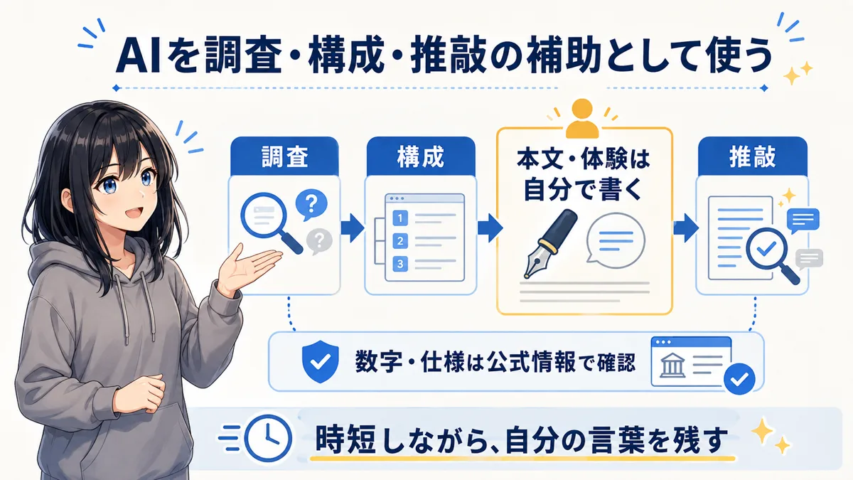 調査・構成・執筆・推敲の各工程でAIと自分の担当を分けた図