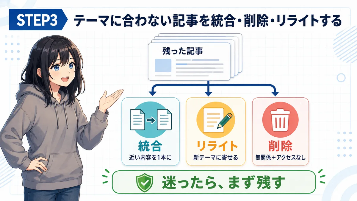 既存記事を統合・リライト・削除に振り分ける判断の図