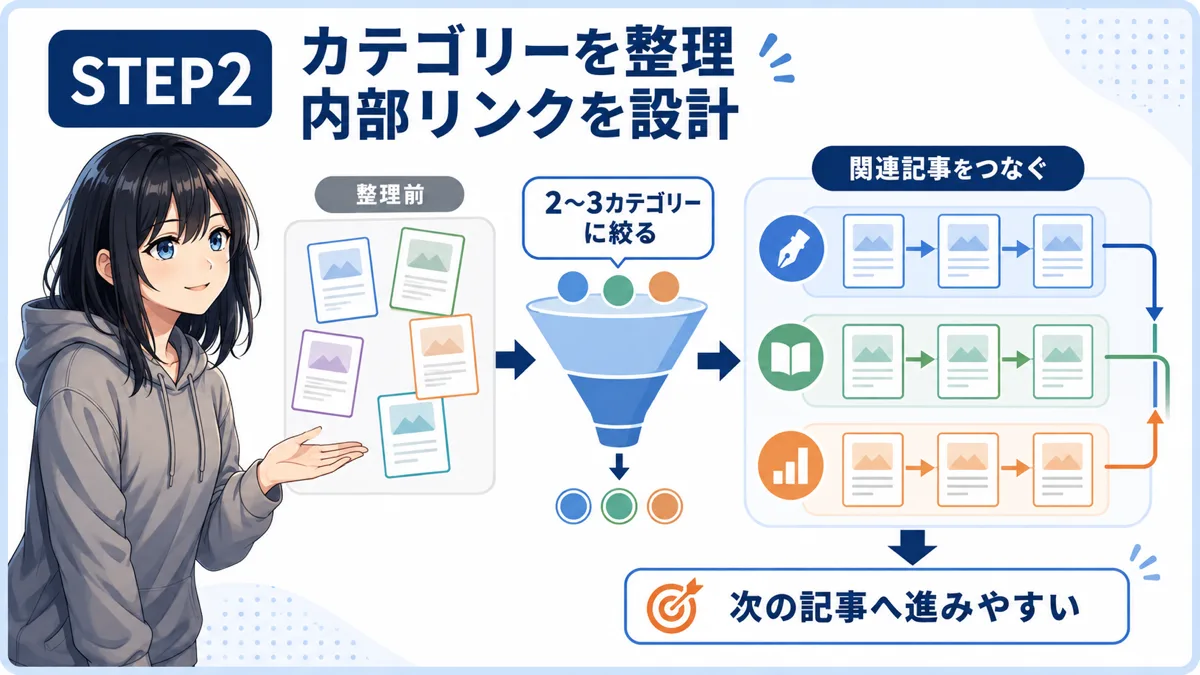 カテゴリーを2〜3個に絞り記事を内部リンクでつないだサイト構造の図