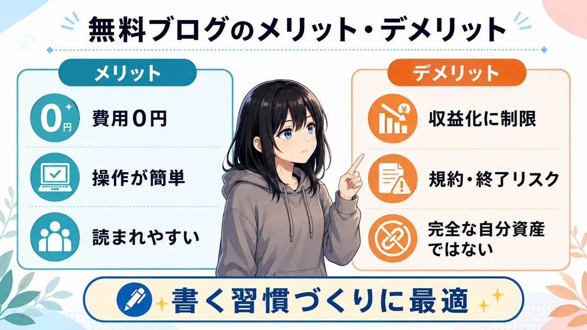 無料ブログのメリットとデメリットを整理した図