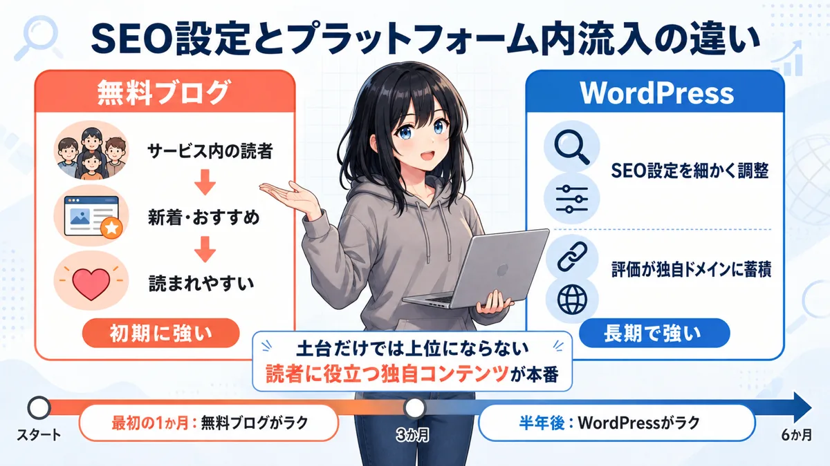 無料ブログとWordPressの集客経路の違いを示した図