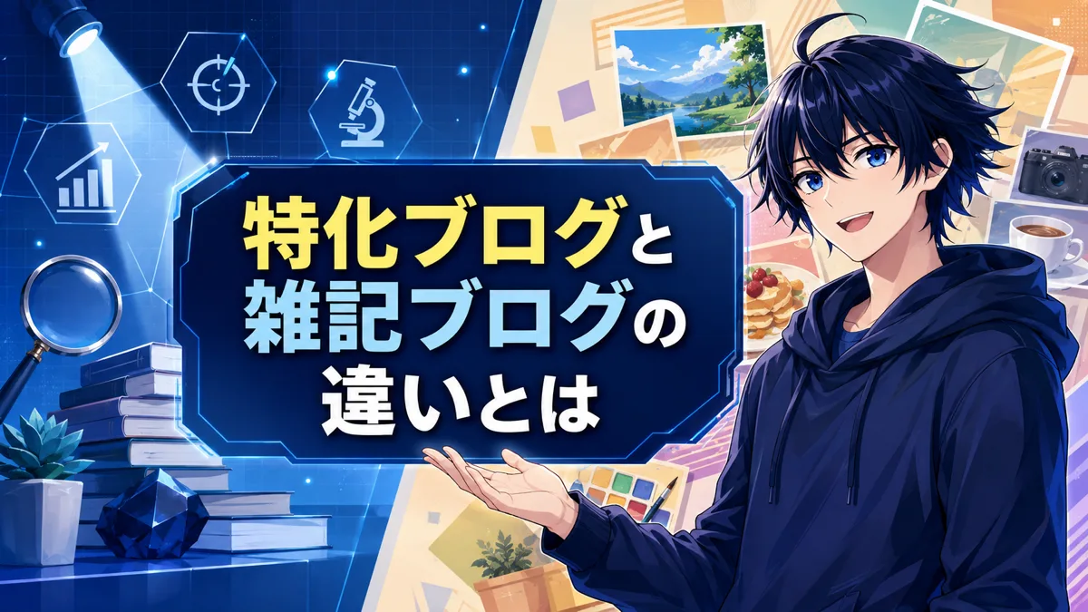 特化ブログと雑記ブログのテーマ範囲と読者層の違いを比べた図