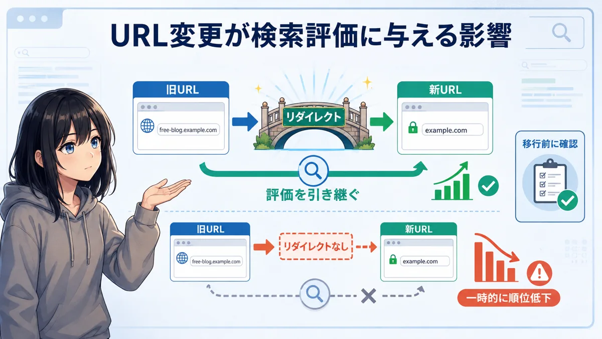 URL変更が検索評価に与える影響を示した図