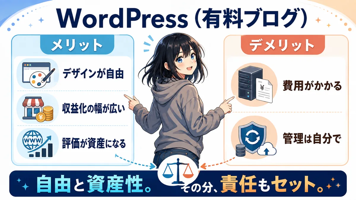 WordPressのメリットとデメリットを整理した図